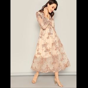 NWOT Sequin Flower Surplice Blouson Midi Dress